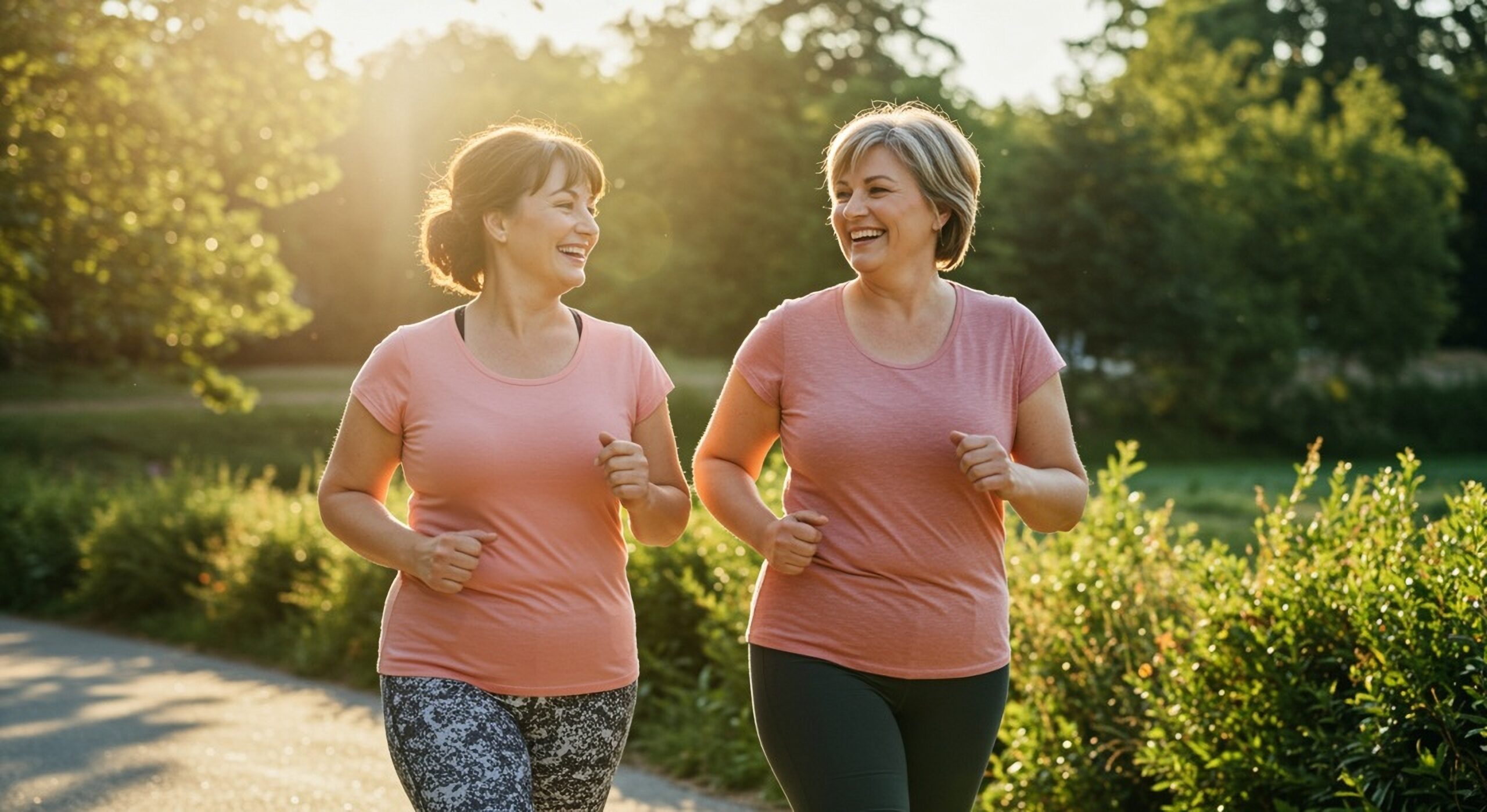 Twee vrouwen van middelbare leeftijd die samen wandelen en lachen, symbool voor vitaliteit, gezonde leefstijl en energie