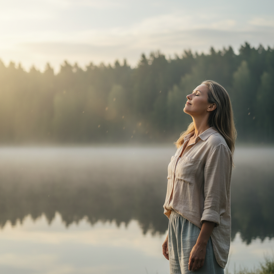 Vrouw van middelbare leeftijd ademt diep in bij zonsopkomst, symbool voor herstel van lichaam in overlevingsstand
