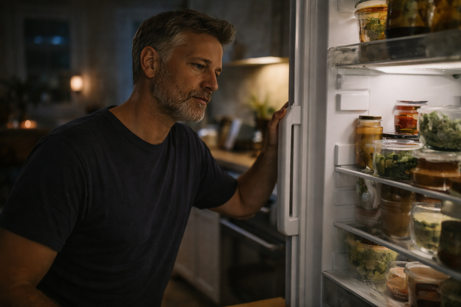 Man van middelbare leeftijd kijkt 's avonds in koelkast door trek ondanks genoeg eten