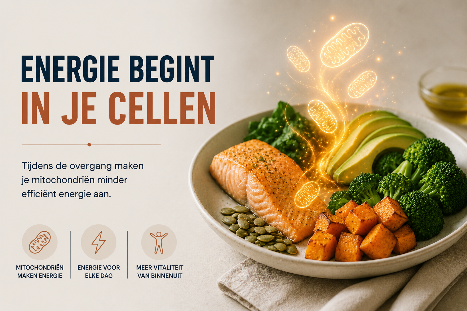 Gezonde maaltijd die de energieproductie in mitochondriën tijdens de overgang symboliseert