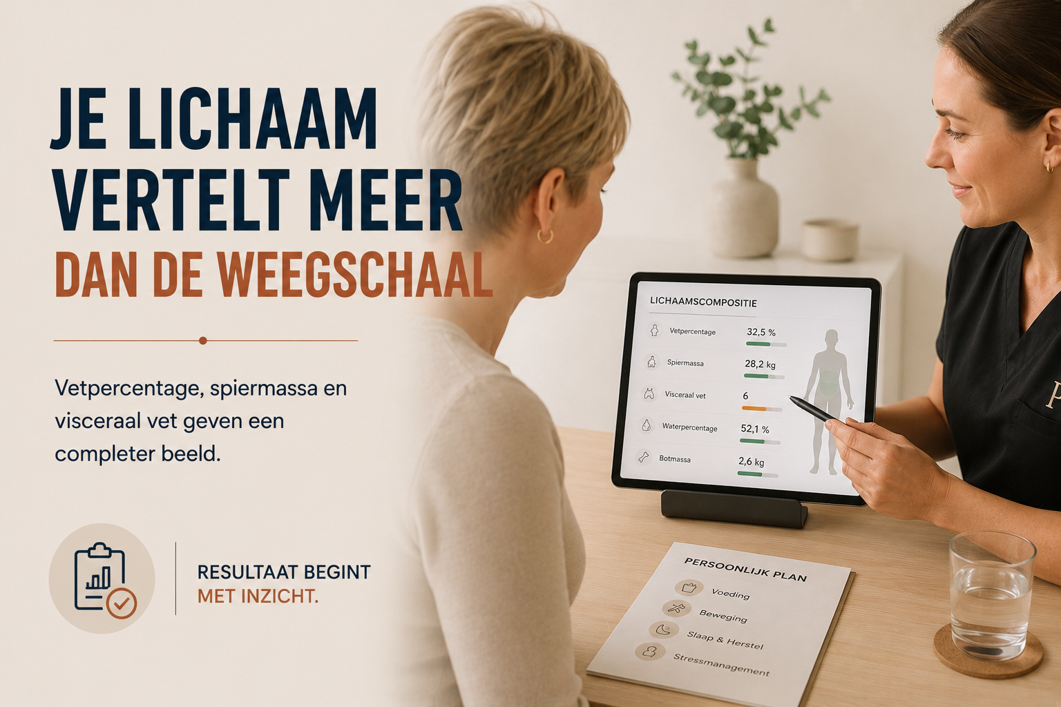 Persoon bespreekt lichaamscompositie met een specialist en krijgt inzicht in vetpercentage, spiermassa en visceraal vet
