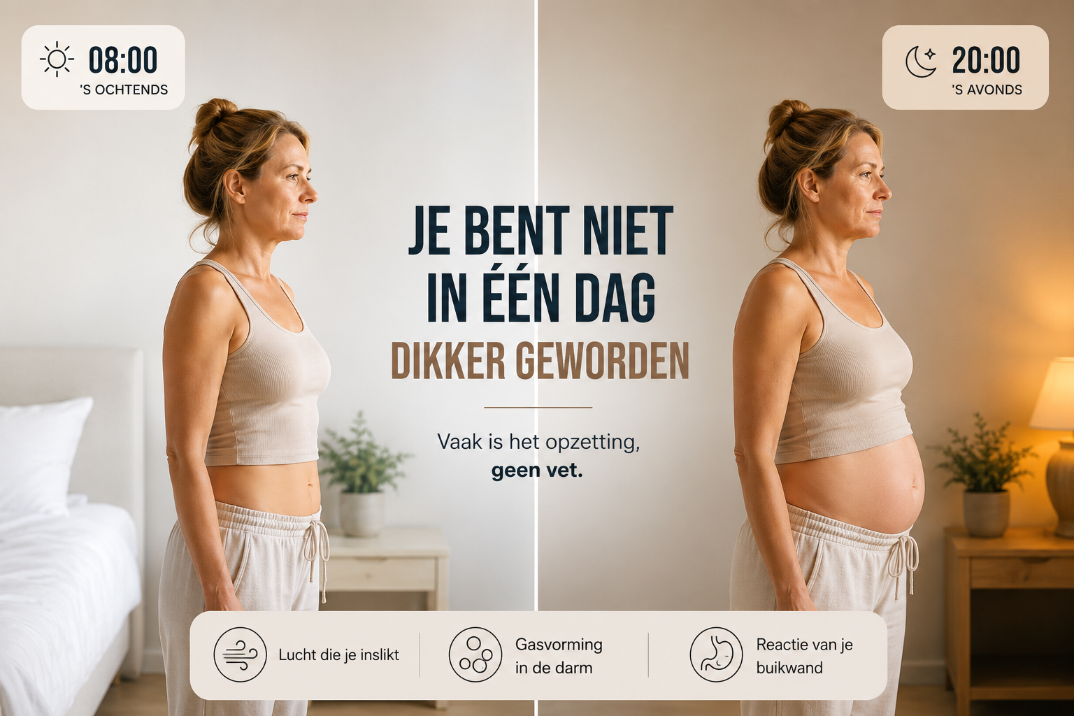 Vrouw met een platte buik in de ochtend en een licht opgeblazen buik in de avond. Illustratie van een opgeblazen gevoel dat meestal geen vet is.