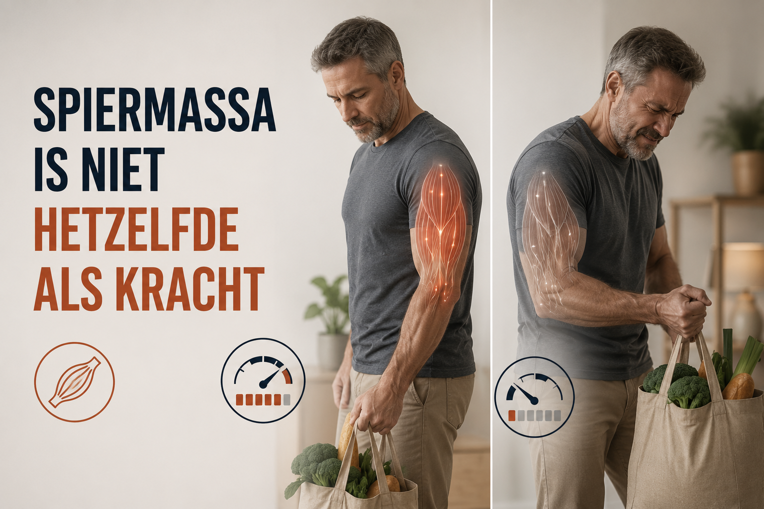 Man van middelbare leeftijd tilt een boodschappentas terwijl zichtbaar wordt dat spierkracht na je 40e sneller afneemt dan spiermassa.